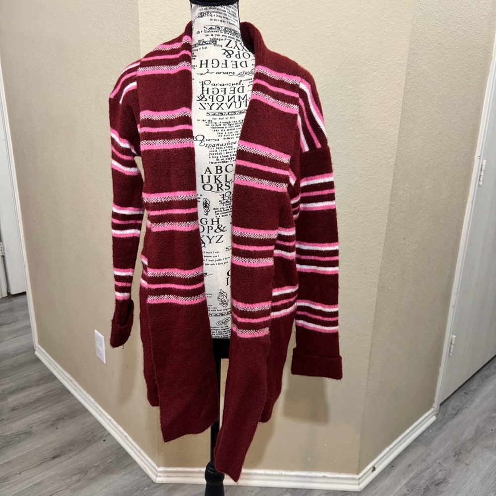 NVLT Burgundy and Pink Striped Cardigan‎